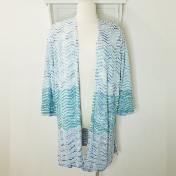 Chico's Turquoise Blue Wavy Stripe Open Front Cardigan Duster Sz 2/Lrg NWT - Picture 4 of 15